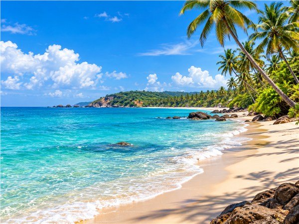 Palm-lined beach and turquoise sea in Goa